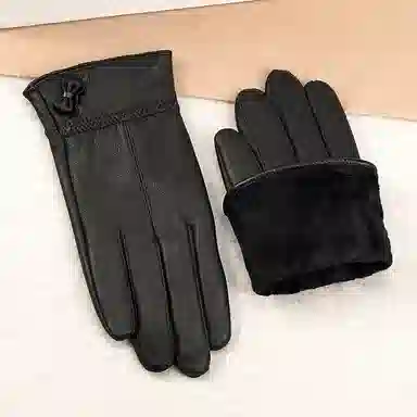 上海故事 真皮加绒加厚保暖外出骑行防风防寒防泼水可触屏 羊皮革 绒线手套 女款 黑色
