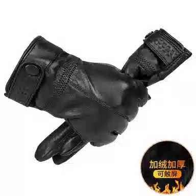 上海故事 时尚加绒加厚外出骑车防风防寒出行防水保暖 羊皮革 绒线手套 男款 黑色