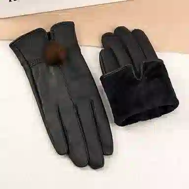 上海故事 真皮加绒加厚保暖外出骑行防风防寒防泼水可触屏 羊皮革 绒线手套 女款 黑色
