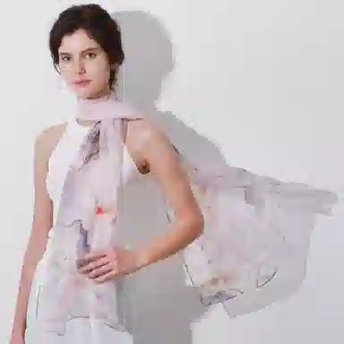 上海故事 春花秋月喷绘真丝长巾 桑蚕丝 丝巾 女款