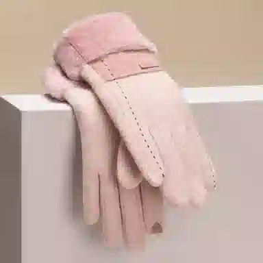 上海故事 百搭拼色加绒毛口户外出百搭骑行防寒 绵羊毛 绒线手套 女款