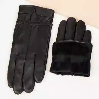 上海故事 时尚加绒加厚外出骑车防风防寒出行防水保暖 羊皮革 绒线手套 男款 黑色