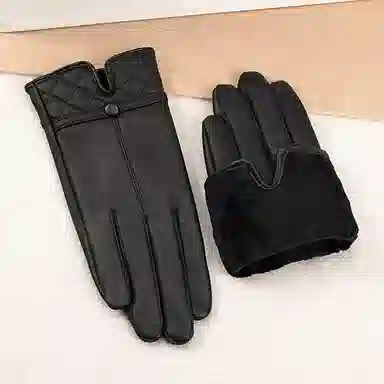 上海故事 真皮加绒加厚保暖外出骑行防风防寒防泼水可触屏 羊皮革 绒线手套 女款 黑色