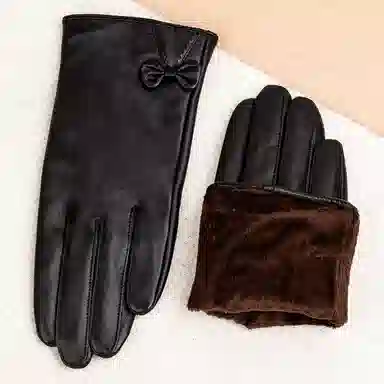 上海故事 真皮加绒加厚保暖外出骑行防风防寒防泼水可触屏 羊皮革 绒线手套 女款 黑色