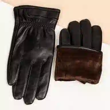 上海故事 时尚加绒加厚外出骑车防风防寒出行防水保暖 羊皮革 绒线手套 男款 黑色