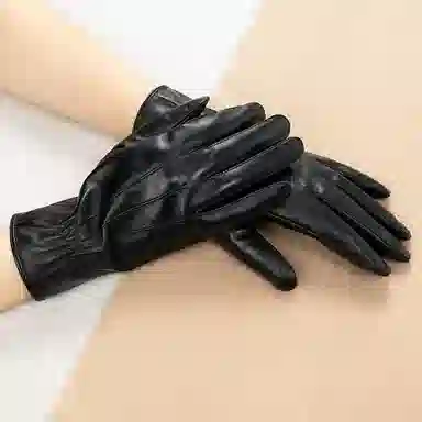 上海故事 真皮加绒加厚保暖外出骑行防风防寒防泼水可触屏 羊皮革 绒线手套 女款 黑色