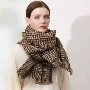 上海故事 英伦复古千鸟格秋冬加厚保暖大披肩 绵羊毛 绒线围巾 女款 咖色