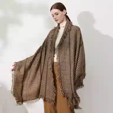 上海故事 英伦复古千鸟格秋冬加厚保暖大披肩 绵羊毛 绒线围巾 女款 咖色