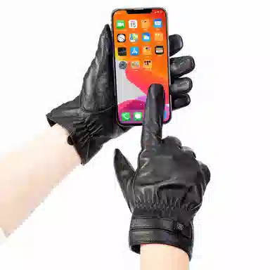 上海故事 时尚加绒加厚外出骑车防风防寒出行防水保暖 羊皮革 绒线手套 男款 黑色