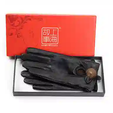 上海故事 真皮加绒加厚保暖外出骑行防风防寒防泼水可触屏 羊皮革 绒线手套 女款 黑色