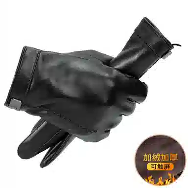 上海故事 时尚加绒加厚外出骑车防风防寒出行防水保暖 羊皮革 绒线手套 男款 黑色