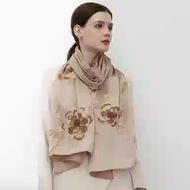 上海故事 真丝刺绣素绉缎长巾 丝韵牡丹 桑蚕丝 丝巾 女款