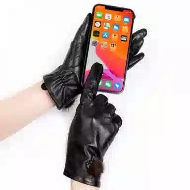 上海故事 真皮加绒加厚保暖外出骑行防风防寒防泼水可触屏 羊皮革 绒线手套 女款 黑色