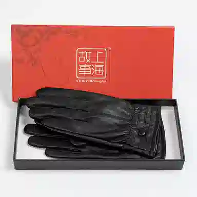 上海故事 真皮加绒加厚保暖外出骑行防风防寒防泼水可触屏 羊皮革 绒线手套 女款 黑色