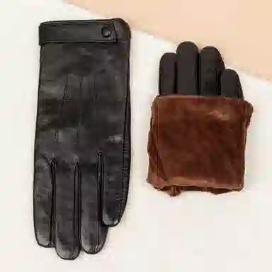 上海故事 真皮加绒加厚保暖外出骑行防风防寒防泼水可触屏 羊皮革 绒线手套 女款 黑色