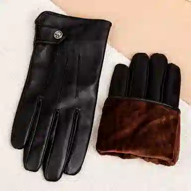 上海故事 时尚加绒加厚外出骑车防风防寒出行防水保暖 羊皮革 绒线手套 男款 黑色