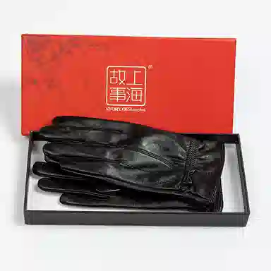 上海故事 真皮加绒加厚保暖外出骑行防风防寒防泼水可触屏 羊皮革 绒线手套 女款 黑色
