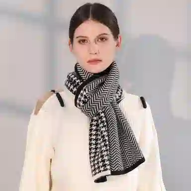 上海故事 秋冬保暖毛线针织防寒 外出千鸟格时尚氛围感 聚酯纤维 绒线围巾 男女同款情侣款