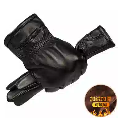 上海故事 时尚加绒加厚外出骑车防风防寒出行防水保暖 羊皮革 绒线手套 男款 黑色