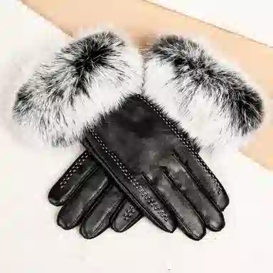 上海故事 秋冬季防风防寒开车骑行加绒保暖时尚真皮轻奢 羊皮革 手套 女款 黑色