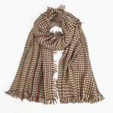 上海故事 英伦复古千鸟格秋冬加厚保暖大披肩 绵羊毛 绒线围巾 女款 咖色