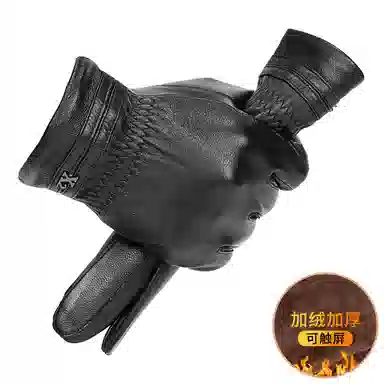 上海故事 时尚加绒加厚外出骑车防风防寒出行防水保暖 羊皮革 绒线手套 男款 黑色