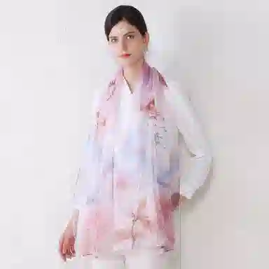 上海故事 春花秋月喷绘真丝长巾 桑蚕丝 丝巾 女款