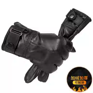 上海故事 时尚加绒加厚外出骑车防风防寒出行防水保暖 羊皮革 绒线手套 男款 黑色