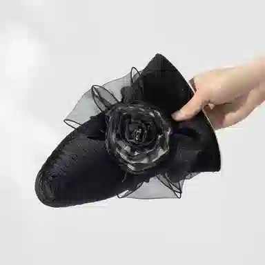 上海故事 春夏遮阳帽大头围渔夫帽蝴蝶结气质花朵欧根纱度假护脸礼帽 聚酯纤维 防晒帽 女款