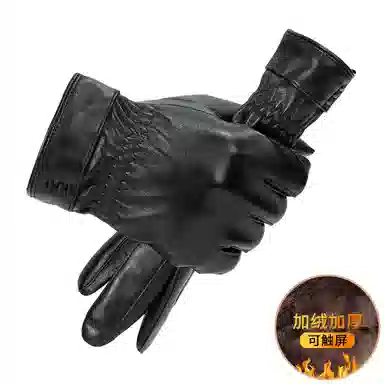 上海故事 时尚加绒加厚外出骑车防风防寒出行防水保暖 羊皮革 绒线手套 男款 黑色