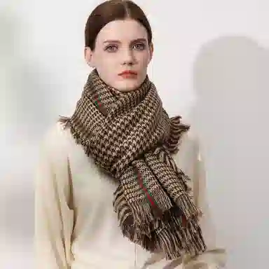 上海故事 英伦复古千鸟格秋冬加厚保暖大披肩 绵羊毛 绒线围巾 女款 咖色