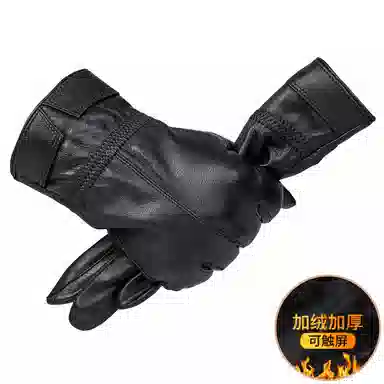上海故事 时尚加绒加厚外出骑车防风防寒出行防水保暖 羊皮革 绒线手套 男款 黑色