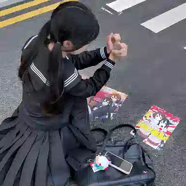 美丽衣橱 日系学院风海军领长袖衬衫纯色褶饰休闲短裙裙装套装 女款 藏蓝色