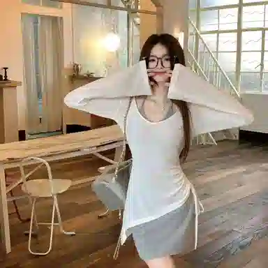 美丽衣橱 美式辣妹纯欲防晒罩衫薄款小个子挂脖背心上衣两件套长袖裙装套装 女款