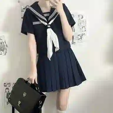 美丽衣橱 日系学院风海军领长袖衬衫纯色褶饰休闲短裙裙装套装 女款 藏蓝色