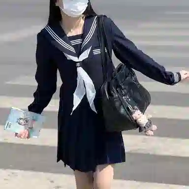 美丽衣橱 日系学院风海军领长袖衬衫纯色褶饰休闲短裙裙装套装 女款 藏蓝色