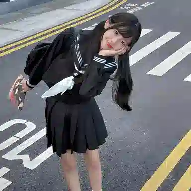 美丽衣橱 日系学院风海军领长袖衬衫纯色褶饰休闲短裙裙装套装 女款 藏蓝色