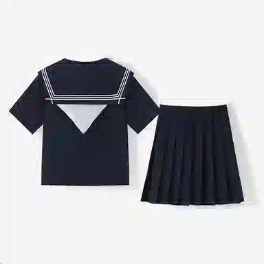 美丽衣橱 日系学院风海军领长袖衬衫纯色褶饰休闲短裙裙装套装 女款 藏蓝色