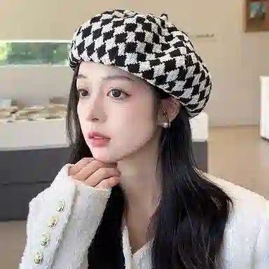 祎步康 时尚英伦针织格子 棉涤 贝雷帽 女款