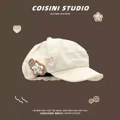 祎步康 日系复古棉麻大头围翻檐百搭氛围感甜美可爱显脸小 棉质 贝雷帽 女款