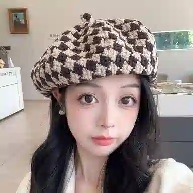 祎步康 时尚英伦针织格子 棉涤 贝雷帽 女款