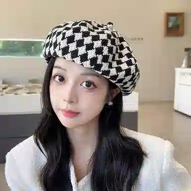 祎步康 时尚英伦针织格子 棉涤 贝雷帽 女款