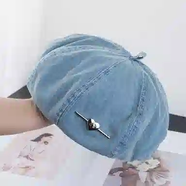 祎步康 爱心水洗帽薄款透气八角画家帽大头围显脸小帽子 牛仔布 贝雷帽 女款