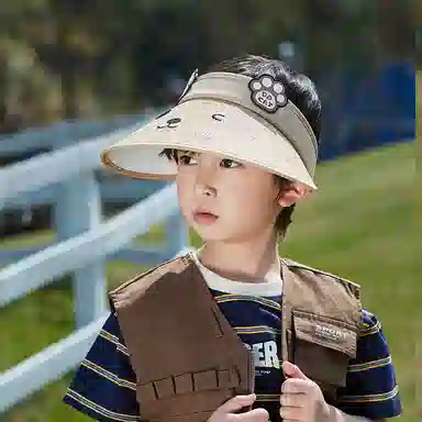 祎步康 卡通可爱猫咪大檐空顶帽 草编 户外旅游遮阳防晒帽 儿童款