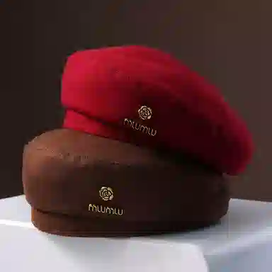 祎步康 小清新尊宿山茶花秋冬显脸小定型款时尚画家帽 涤纶 贝雷帽 女款