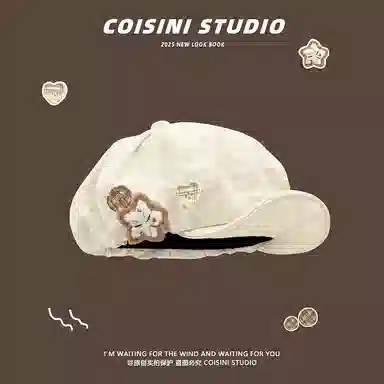 祎步康 日系复古棉麻大头围翻檐百搭氛围感甜美可爱显脸小 棉质 贝雷帽 女款