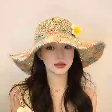 祎步康 彩色编织海边度假透气镂空大帽檐防紫外线遮阳 草编 渔夫帽 女款