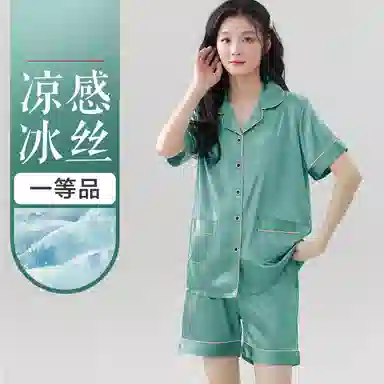 恒源祥 柔软顺滑裸感舒适透气翻领开衫短袖休闲可外穿三分裤睡衣套装 女款 图片色
