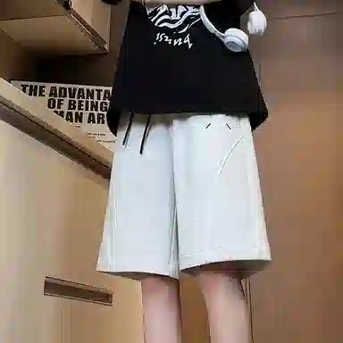 玉儿恋 美式重磅潮流青少年拼接刺绣纯色百搭宽松五分休闲短裤 男女同款
