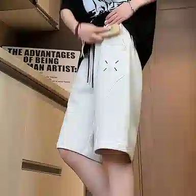 玉儿恋 美式重磅潮流青少年拼接刺绣纯色百搭宽松五分休闲短裤 男女同款